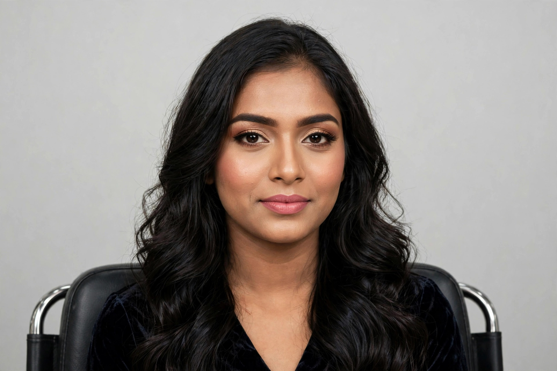 Same woman with glamorous party makeup after studio visit