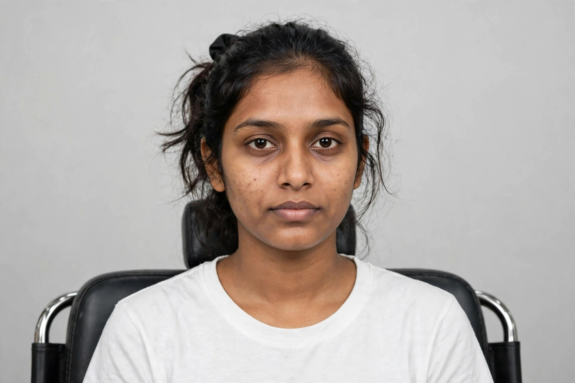 Woman with bare face and no makeup before studio visit